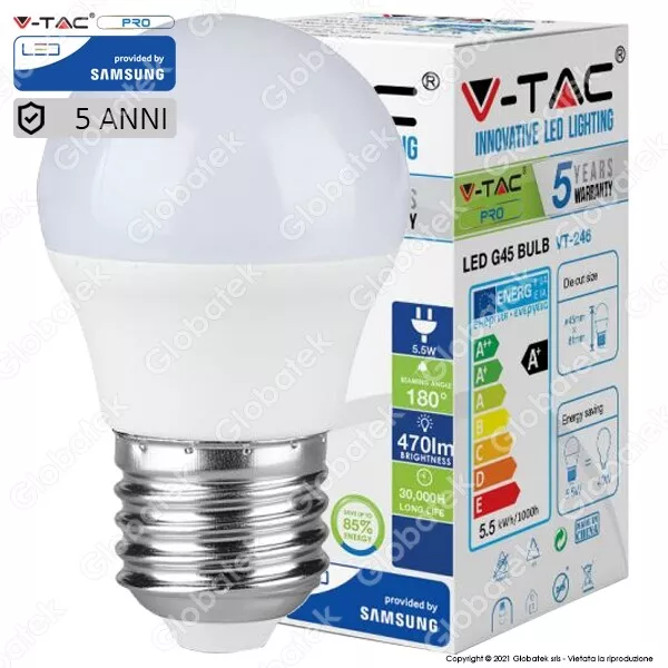 Lampadina Led E27 5,5W Miniglobo G45 Chip Samsung