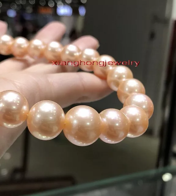 big ROUND AAAAA 17"12-14mm real NATURAL south sea gold pink pearl necklace 14K