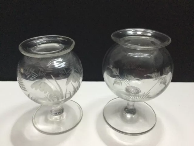 2 x Victorian FERN ETCHED clear blown glass apothecary leech bowls, pots, jars