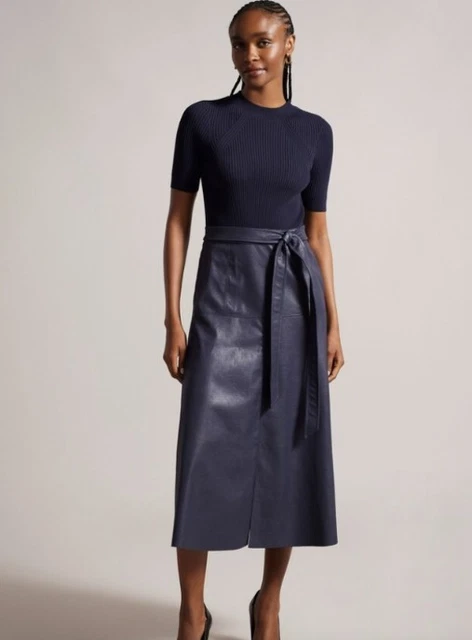 slim fit dress slacks Mock Neck Midi Dress With Faux Leather Skirt | Oneida