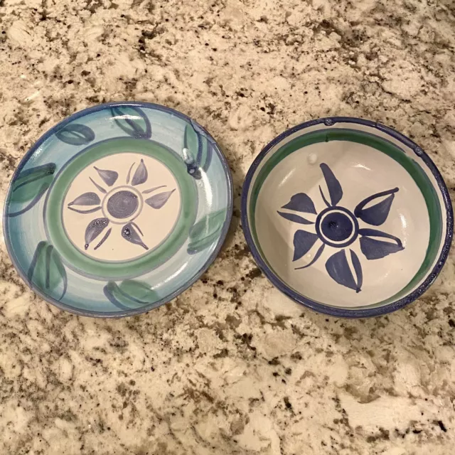 Rock Stone Studio Art Pottery Blue Flower App Plate And Bowl Set -Barbados