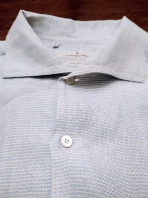 ERMENEGILDO ZEGNA Men's Button Front 100% LINEN XL Blue & White Check L/S Shirt