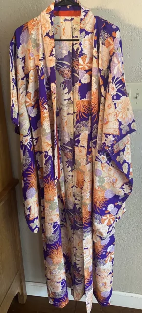 Beautiful Women’s Vintage Japanese Floral Yukata Kimono Orange Purple