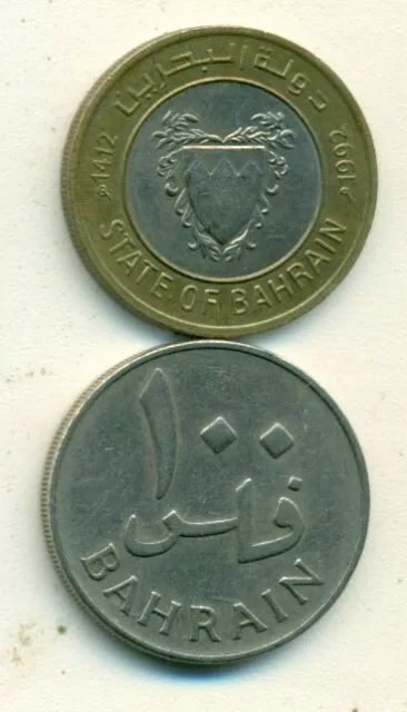 2 - 100 FIL COINS from BAHRAIN DATING 1965 & 1992 (2 TYPES)..1992 is BI-METAL