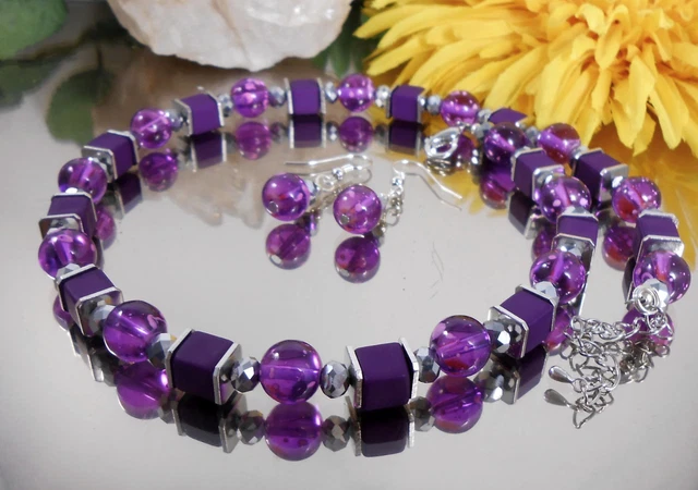 2er Set Collier + Ohrringe Würfel Lila matt u. Glas Perlen Lila marmoriert