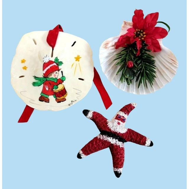 3 Vintage Handmade Christmas Ornaments Scallop Sea Shell Starfish Sand Dollar