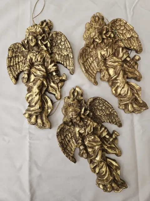 VTG CHRISTMAS ANGEL Wall Hanging Gold Mold Pressed Hard Foam 9", Set Of 3