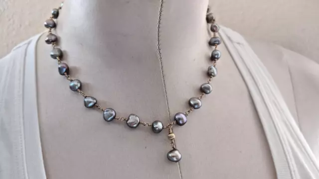 Vintage 14K Gold GF Gray 7-8mm Fresh Water Pearl Rosary Bead Style 16" Necklace Vintage 14K Gold GF Gray 7-8mm Fresh Water Pearl Rosary Bead Style 16" Necklace