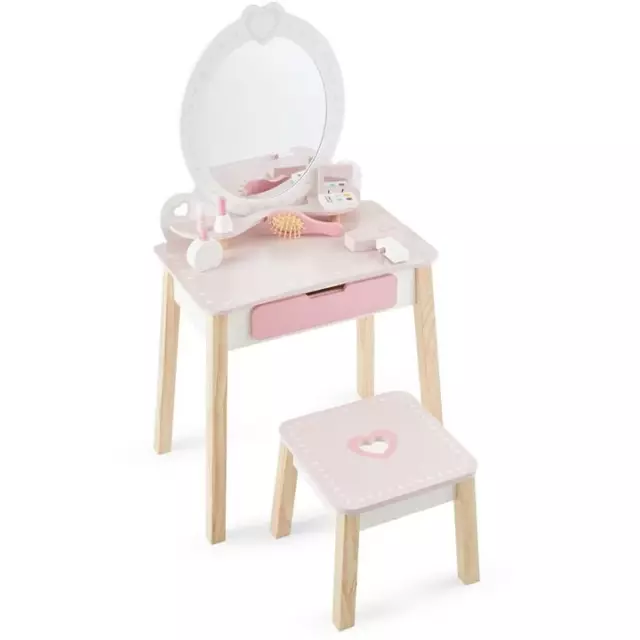 Kids Pink Wooden Vanity Table Dressing Table Set With Mirror and Stool