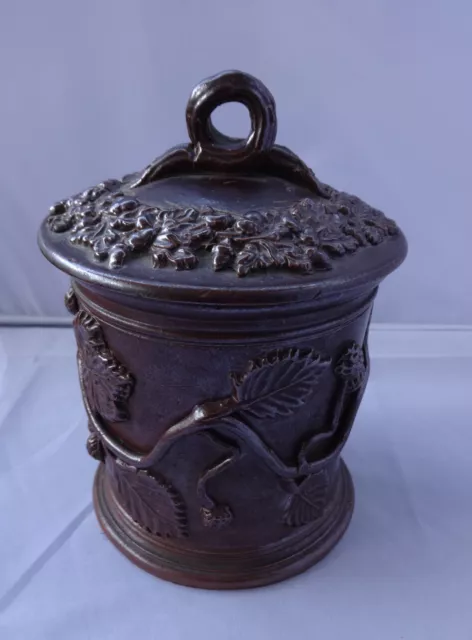 Antique French Stoneware Salt Glaze Tobacco Jar raised patterns on jar and lid