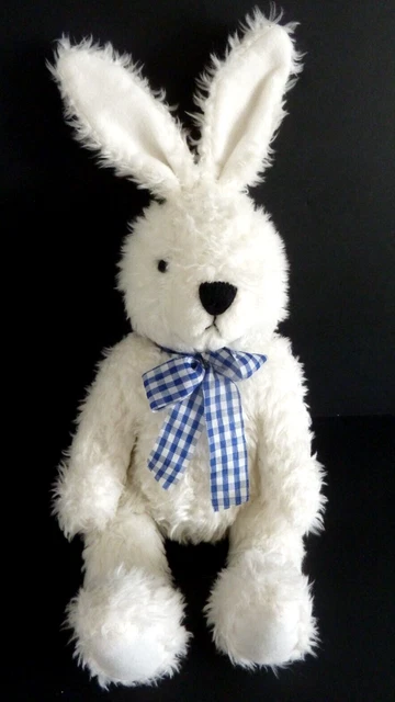066. DOUDOU PELUCHE LAPIN BLANC YVES ROCHER CIAD noeud bleu carreaux 32/41cm TBE