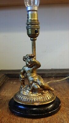 Antique Wood Brass And Gesso Electric Lamp With Cherub Cupid Putti Statuette