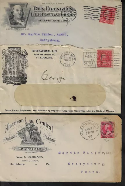 Us 1895 1911 Three Advertising Insurance Company Covers Ben Franklin Fire Intern