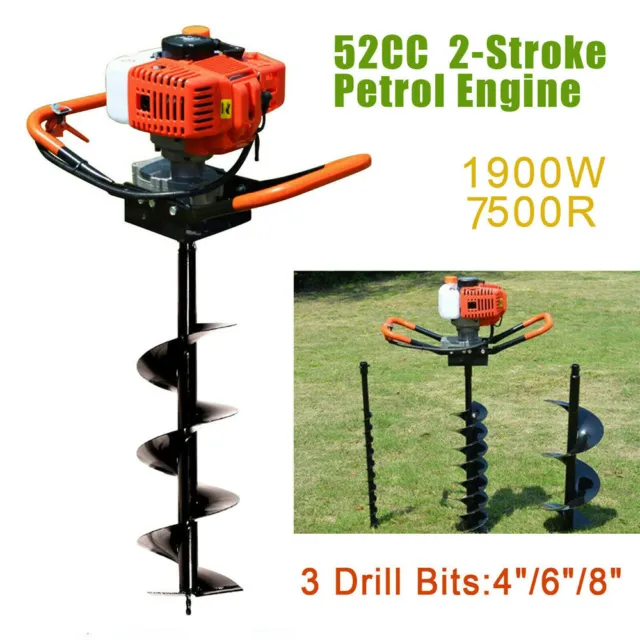 52cc 2-Stroke Gas Powered Post Hole Digger w/ 12" Extension Bar & 4",6", 8" Bits