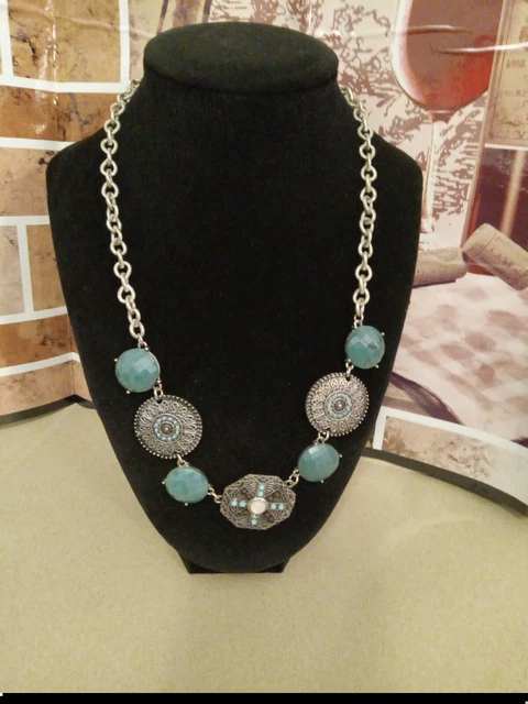 Vintage Silver Hunter Green & Faux Turquoise Aztec Bohemian Style Necklace