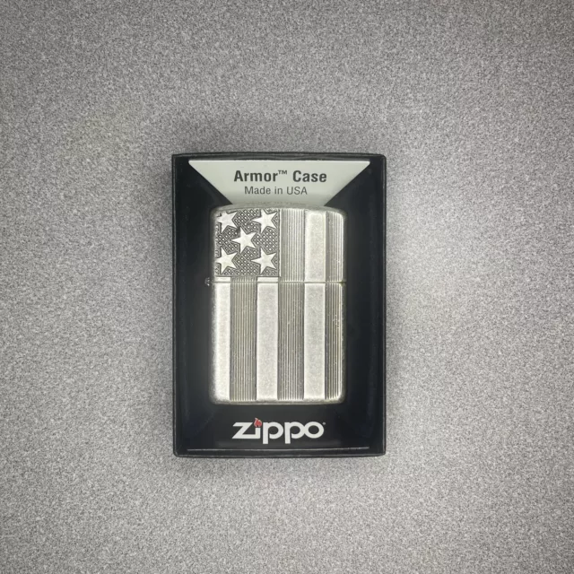 RARE Zippo Lighter American Flag Antique Silver Plate 28974 ARMOR CASE Brand New