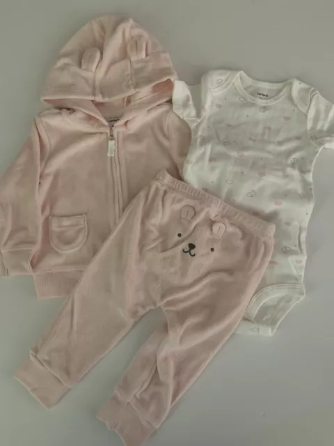 Carters Baby Girl Terry Jacket Bodysuit Pants Set Size 9 12 Months Pink Bunny