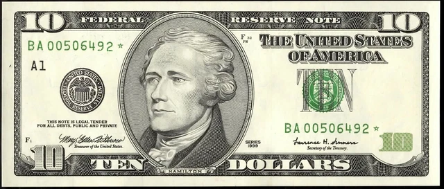 $10 Boston (A1) Star Note of Series 1999 Green Seal - Uncirculated - 6492