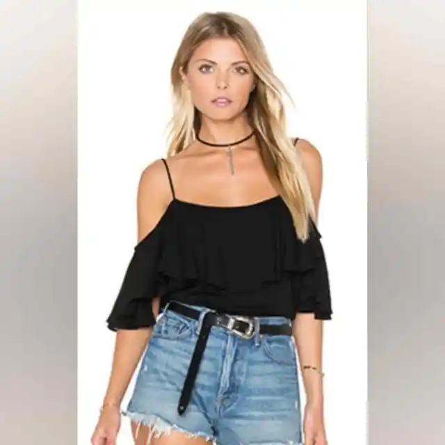 Misa Los Angeles Revolve Marina Cold Shoulder Top in Sheer Ink Black Size XS