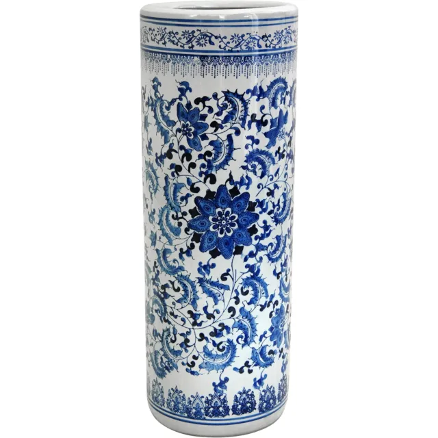 Oriental Furniture 24" Floral Blue&White Porcelain Umbrella Stand