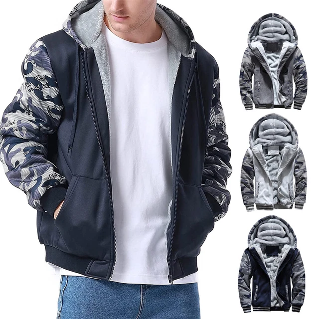 Men Fleece Lined Hooded Fluffy Jacket Winter Warm Thick Hoodie Coat Sweatshirt