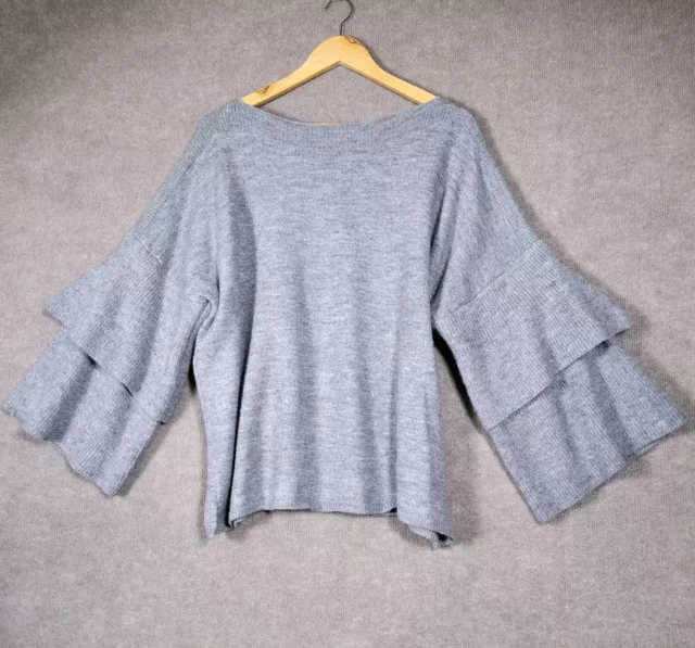 UMGEE Sweater Women's Large Gray Tiered Sleeves Boat Neck Boho Acrylic Knit Top