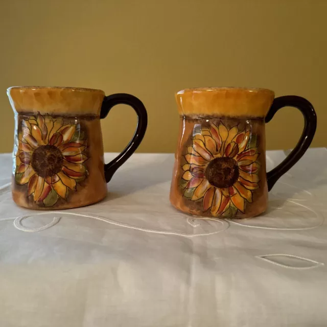 2 Clay Art Tuscan Sunflower Coffee Mug Autumn Oversized Large Hand Painted.