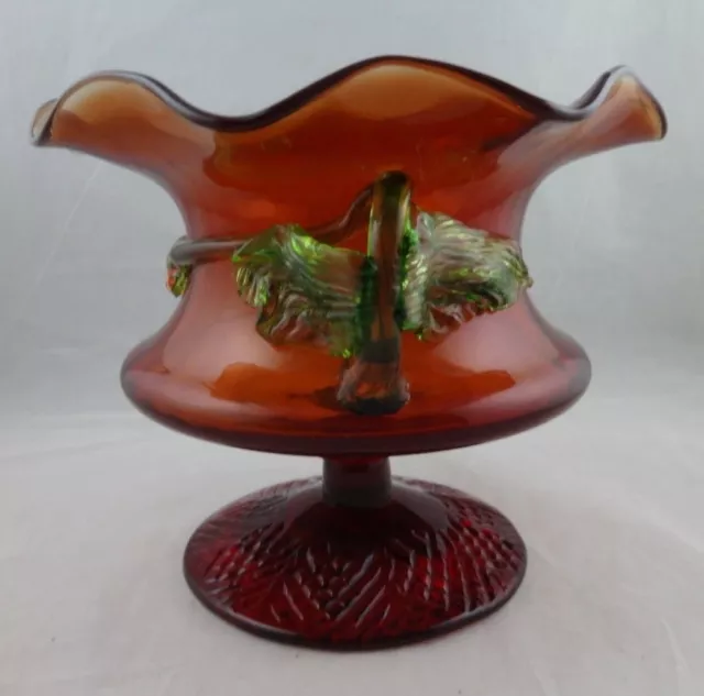 VICTORIAN Amberina?? Hand Blown Glass Footed Red BASE Applied Green Leaf Bowl