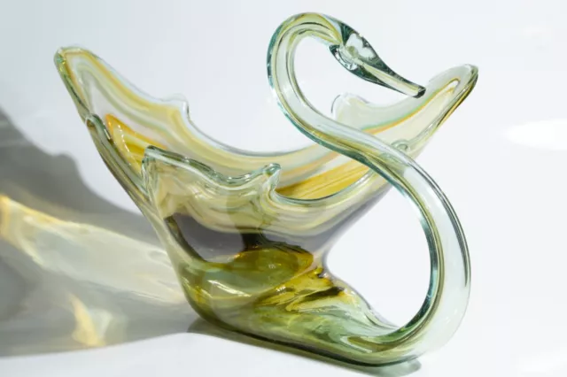 Vintage Art Glass Swan Bowl Hand Blown, Green Yellow 11.75" Dish Mid Century