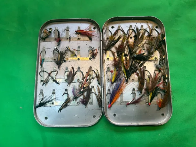 Vintage Richard Wheatley Metal Fly Box. 30 Old Salmon  Trout Flies. Very Old
