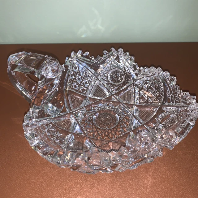Vintage American Brilliant Cut Crystal Glass Handled Bowl, 6" X 5 1/4"