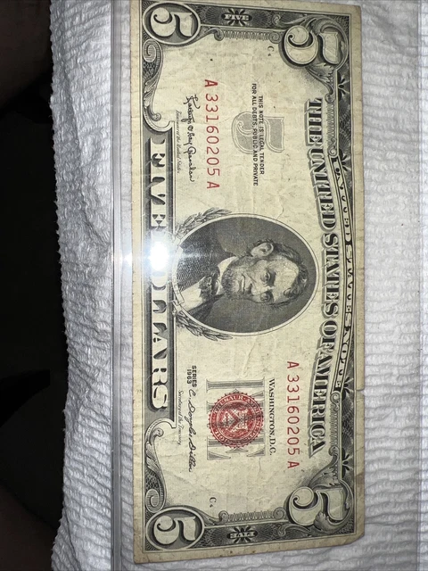 1963 Five Dollar RED SEAL Note, Old US Bill, $5 Money, Cool Serial!