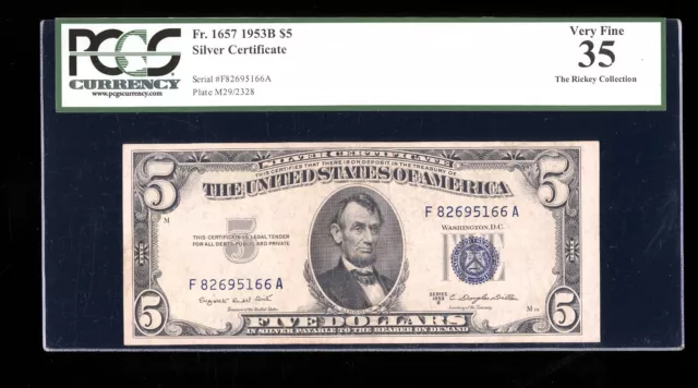 DBR 1953-B $5 Silver Fr. 1657 FA Block PCGS 35 Serial F82695166A