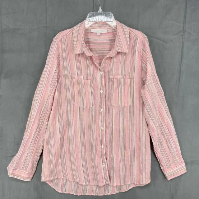 Adyson Parker Top Womens Medium Pink Striped Long Sleeve Button Cotton Blend