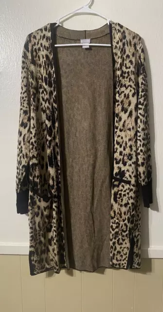 Chico's Womens Cashmere Leopard Long Cardigan Sweater Beige Mob Wife 2 (LARGE)