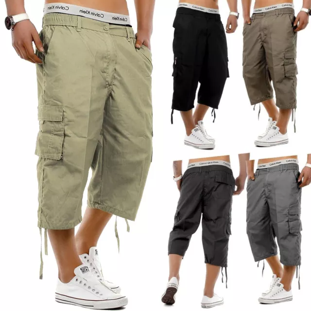 Mens 3/4 Long Length Shorts Elasticated Waist Cargo Combat Three Quarter Pants