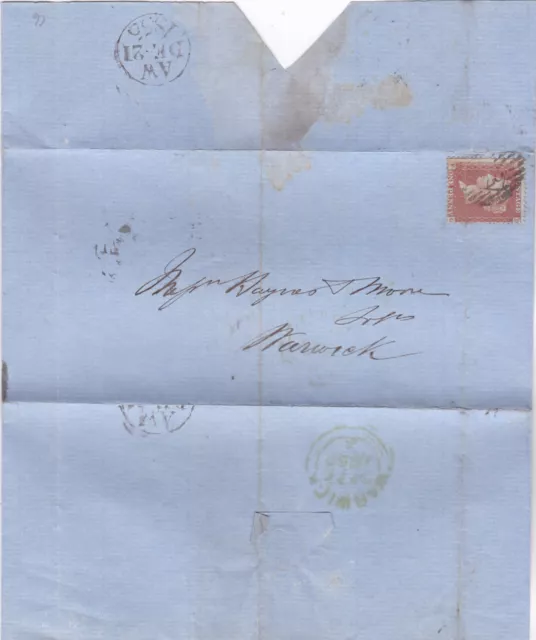 1855 QV 1d PENNY RED STAMP CREASE ON LINCOLNS INN FIELDS LETTER TO WARWICK