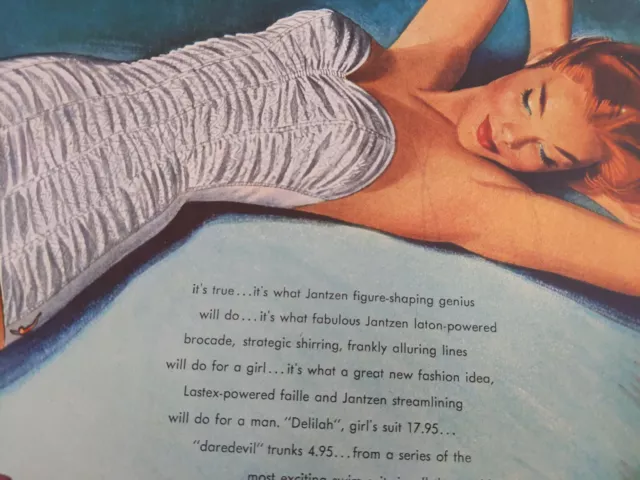 1950s Jantzen Swimsuits Ad Figure-Shaping Delilah Suit Daredevil Trunks Pipe