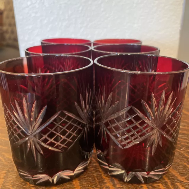Ruby Red Cut to Clear Crystal Rocks Glasses Set of 6