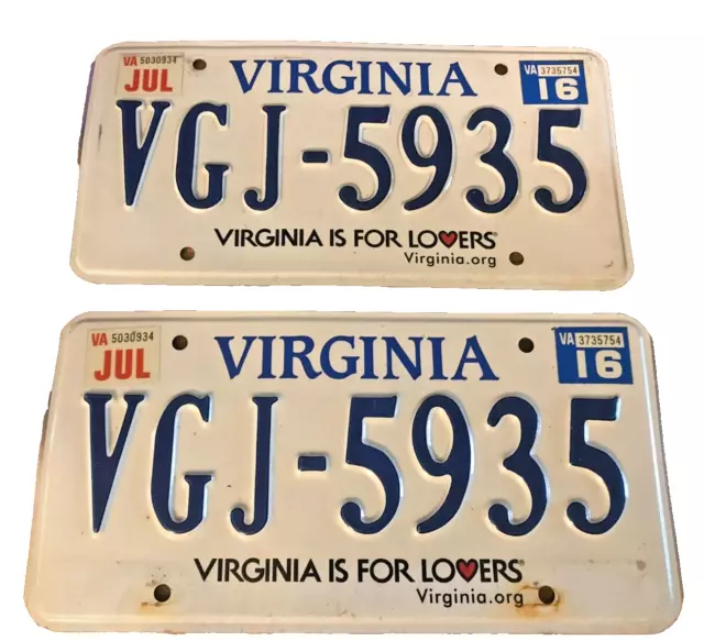 VIRGINIA License Plate Set VGJ-5935 Matching Pair Tags Plates VA Is For Lovers