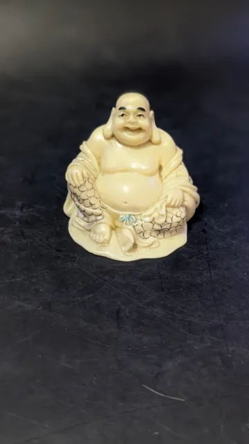 Vintage Japanese Hand Carved Resin Sitting Buddha Hotei Netsuke Figurine 1.5”