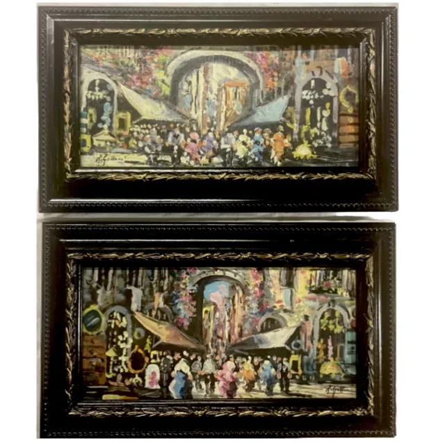 quadri coppia di dipinti a olio su tela paesaggio figure vintage con cornice 900