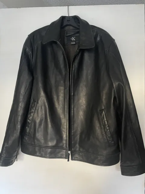 Calvin Klein Black Leather Full Zip Up Lined Moto Biker Jacket Mens Size M