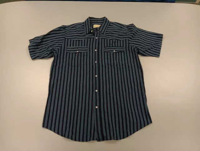 Bit & Bridle Shirt Mens Size LG Short Sleeve Pearl Snap Blue Striped Western