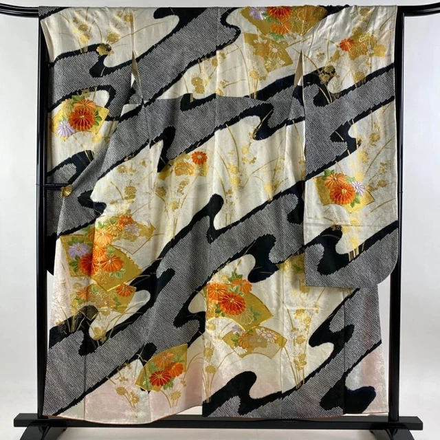 Japanese Kimono Furisode Pure Silk Chrysanthemum Fan Face Embroidery Tye Dye