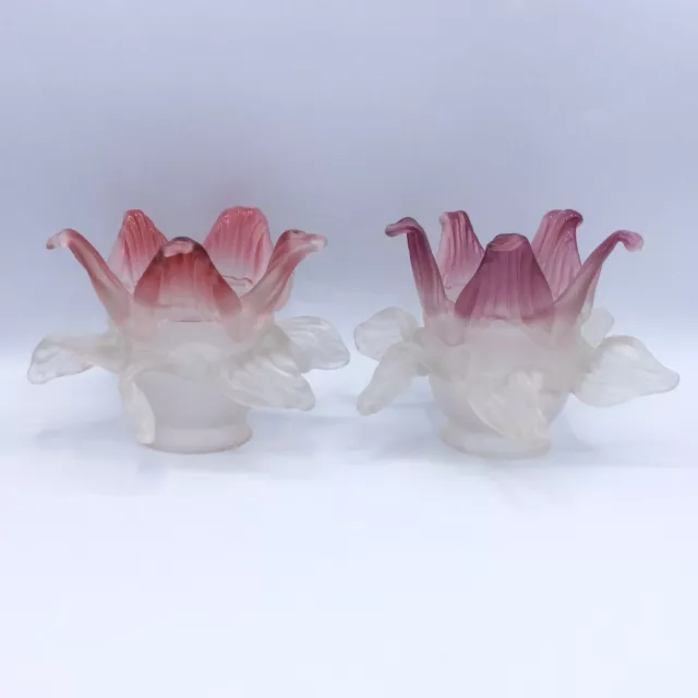 Paire de tulipes verre soufflé coloré rose et mauve formant fleurs Art Nouveau