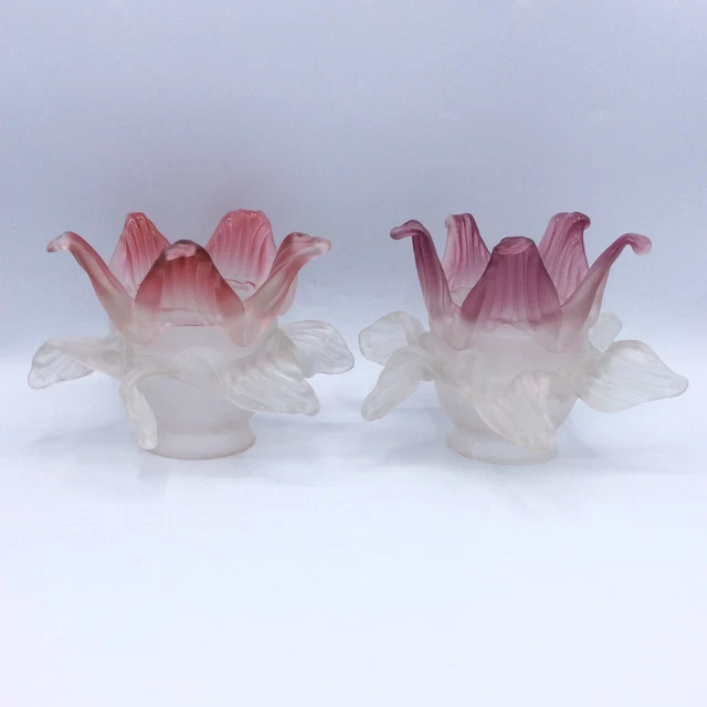 Paire de tulipes verre soufflé coloré rose et mauve formant fleurs Art Nouveau