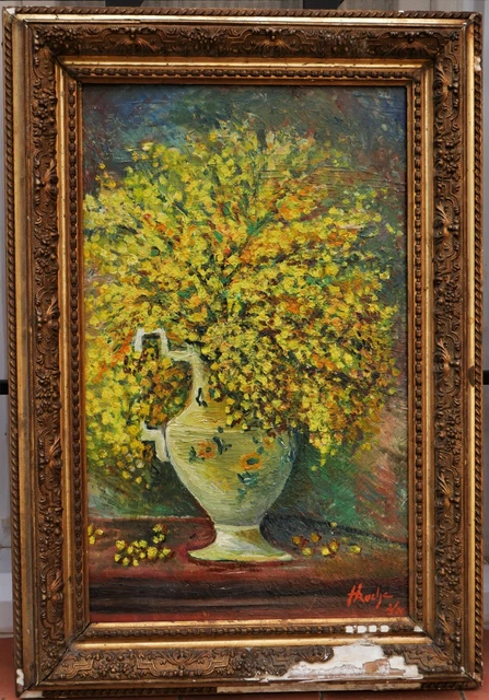 tableau signé Roche: vase de mimosas
