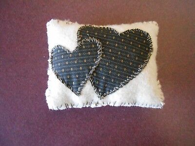 Reproduction Primitive Hand Crafted Pin Cushion- 2 Fabric Hearts On Front