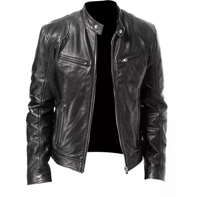 Mens Retro Leather Jacket Motorcycle Stand Collar Biker Coat Zip Up Outwear Top